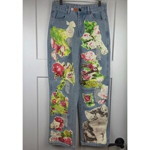 Ursime Elegant Floral Cat Ripped Denim Straight Leg Jeans Size Small
